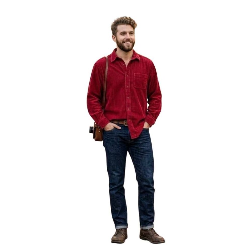 Vintage Eddie Bauer Men's Red Cotton Corduroy Button Down Shirt - Size Large Tal